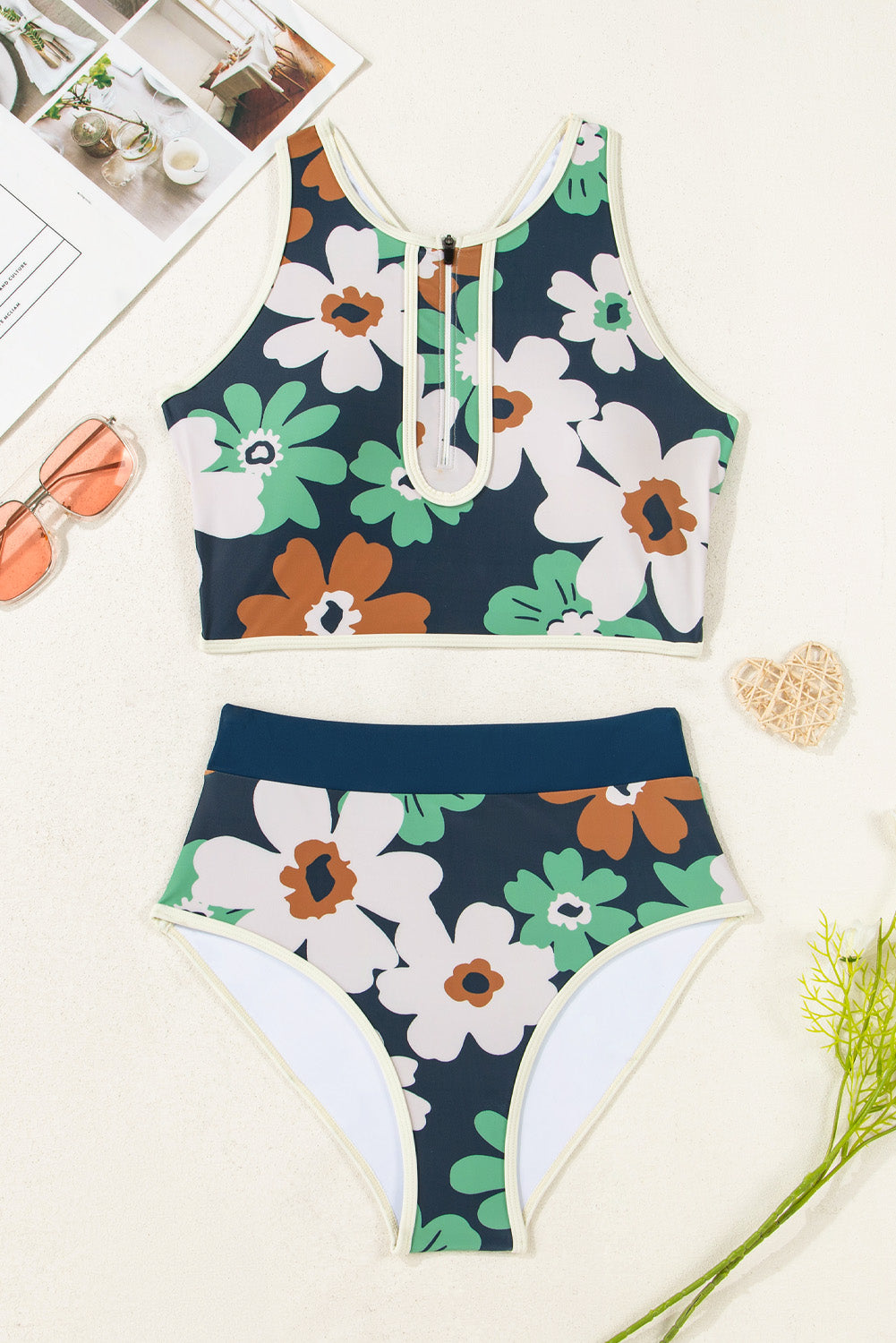 Coastal Bloom Zip-Up Bikini Set