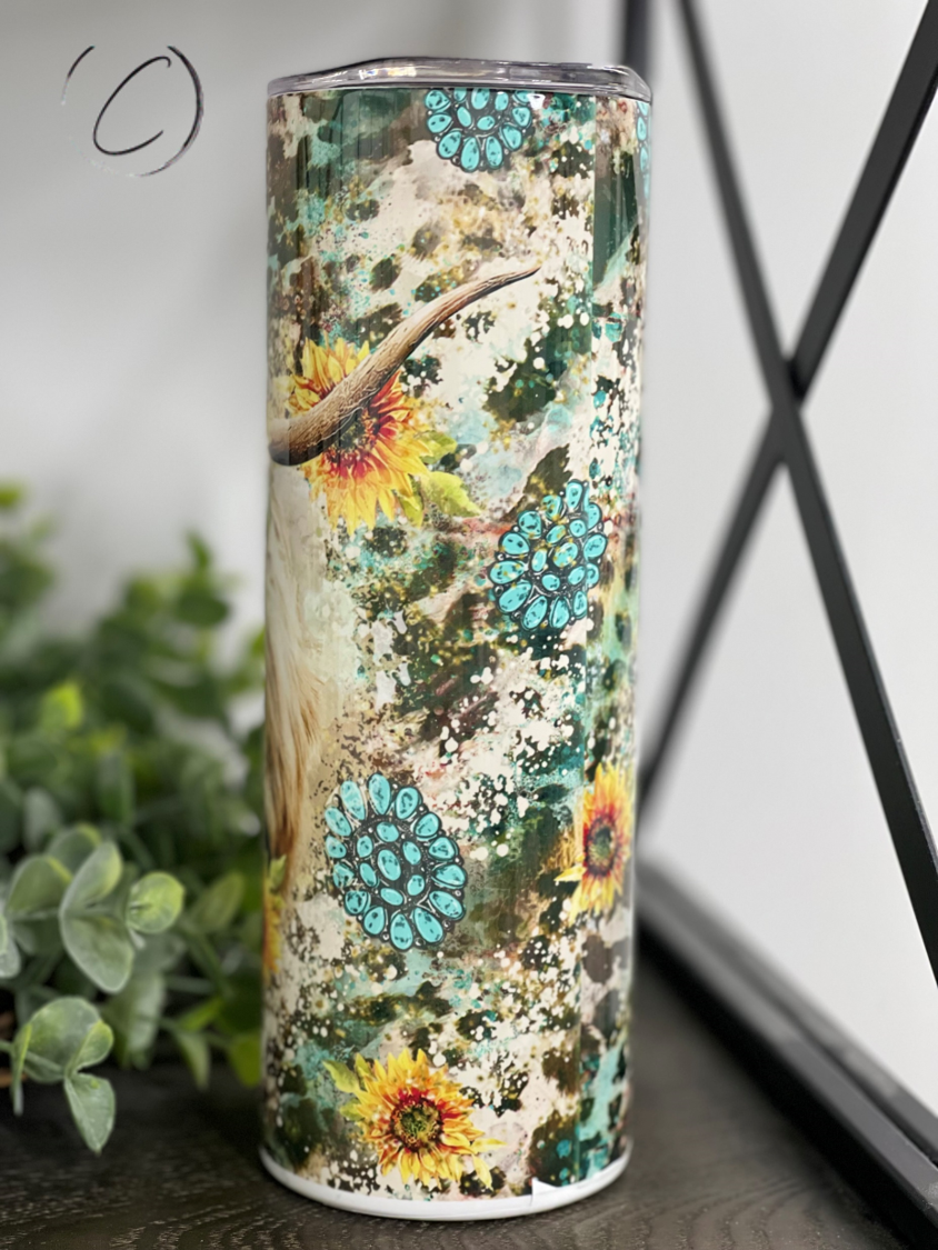 Sunflower Highland Cow Skinny Tumbler | 20oz Country Cup
