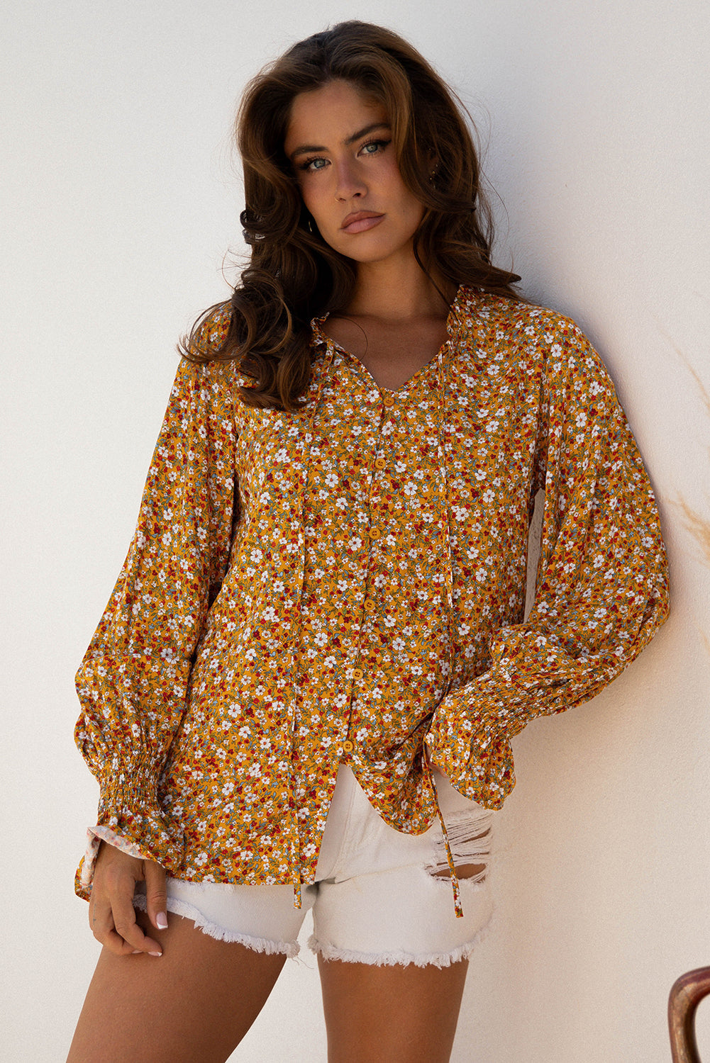 Golden Meadow Floral Tie Front Blouse