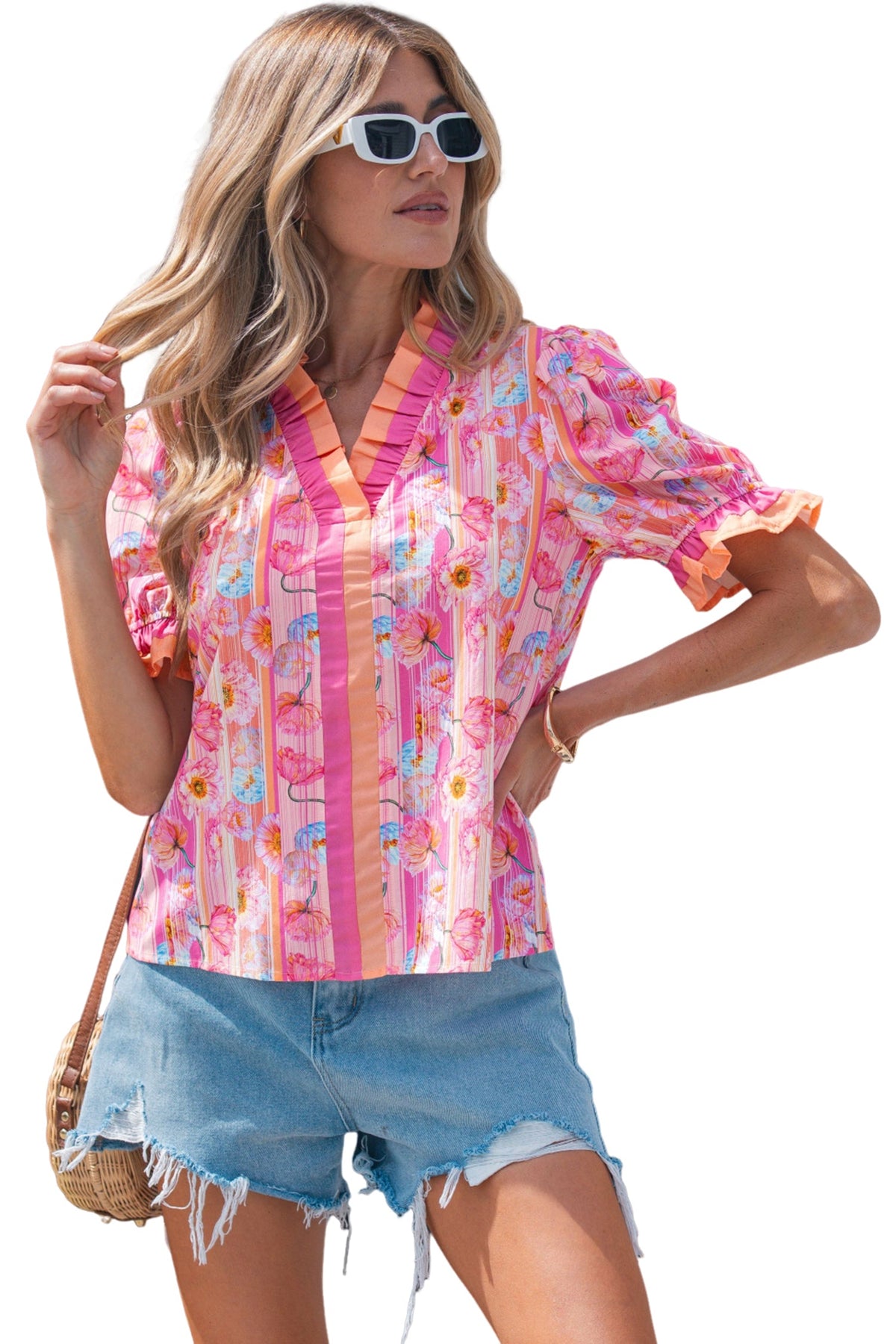 Pink Poppy Stripe V-Neck Blouse
