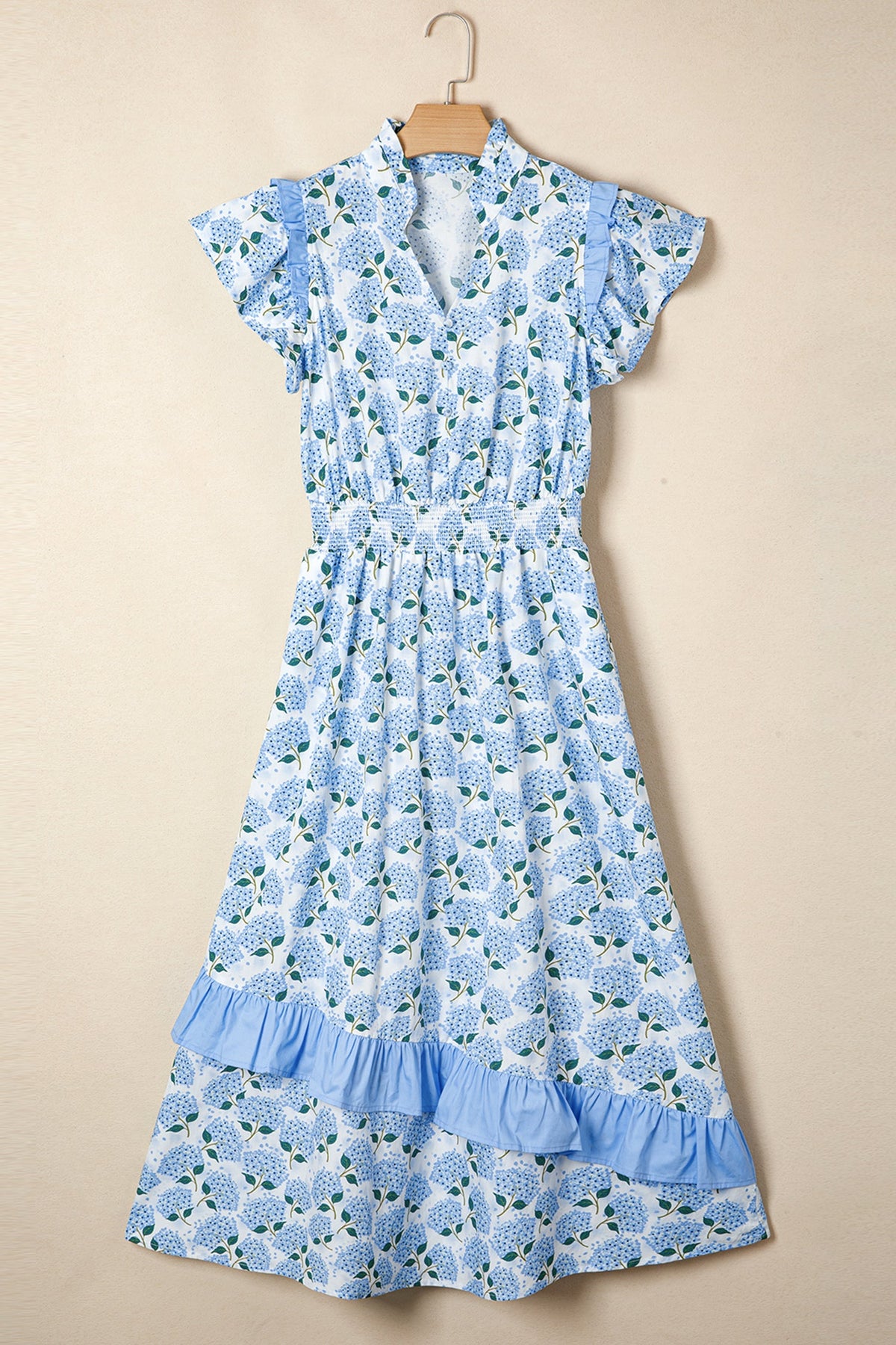 Blue Hydrangea Ruffle Maxi Dress