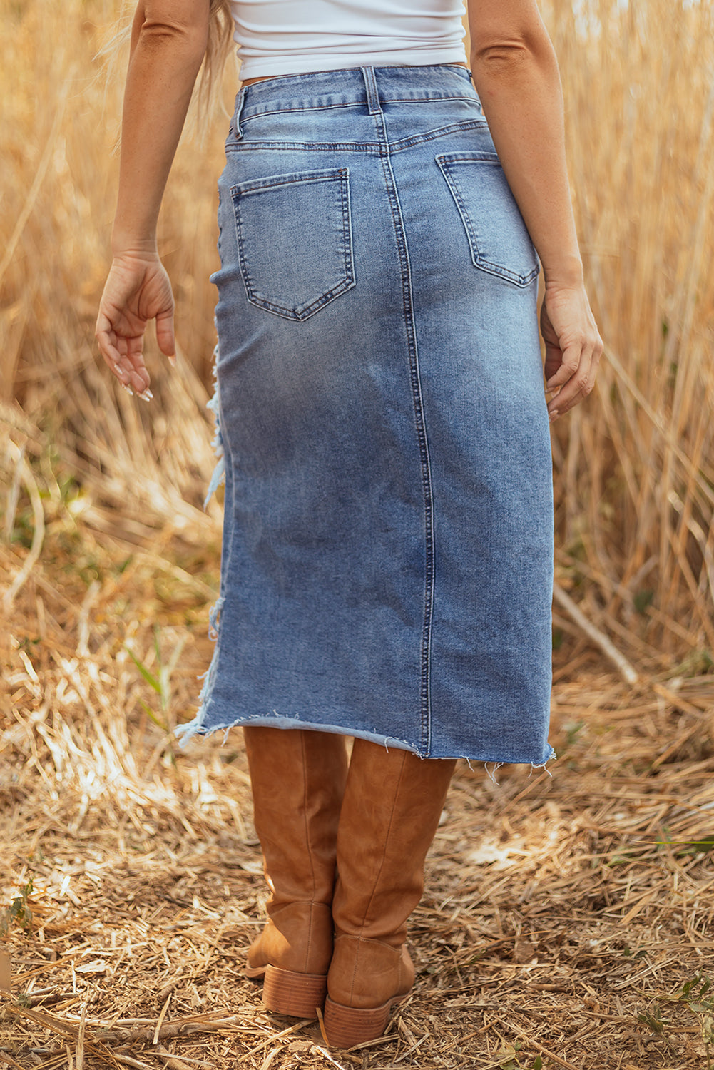 Dust Trail Distressed Denim Midi Skirt