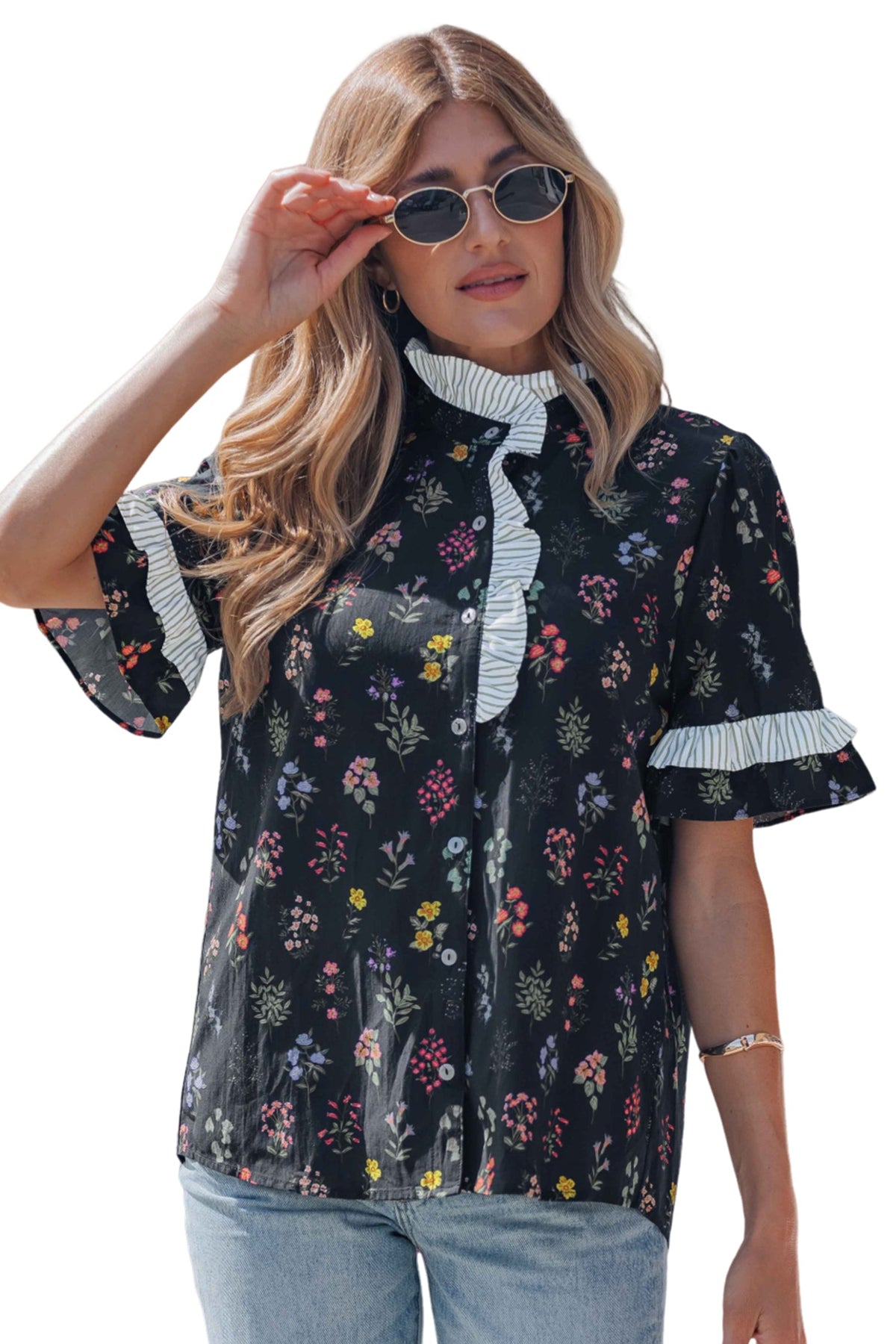 Midnight Meadow Contrast-Trim Blouse