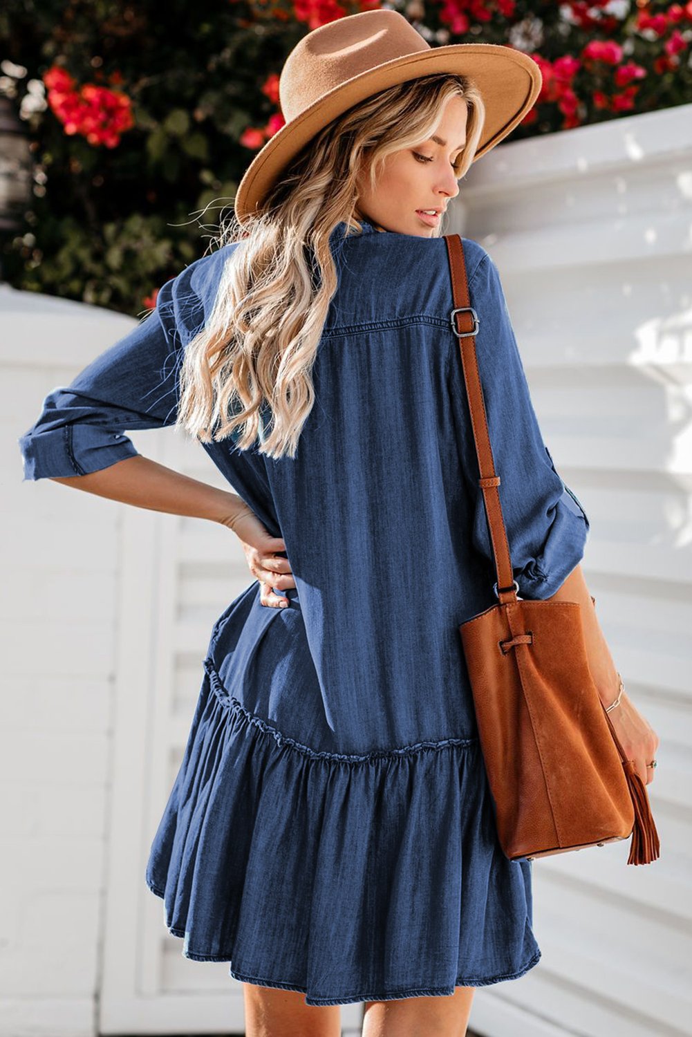 Saddle & Bloom Ruffled Denim Shirt Dress