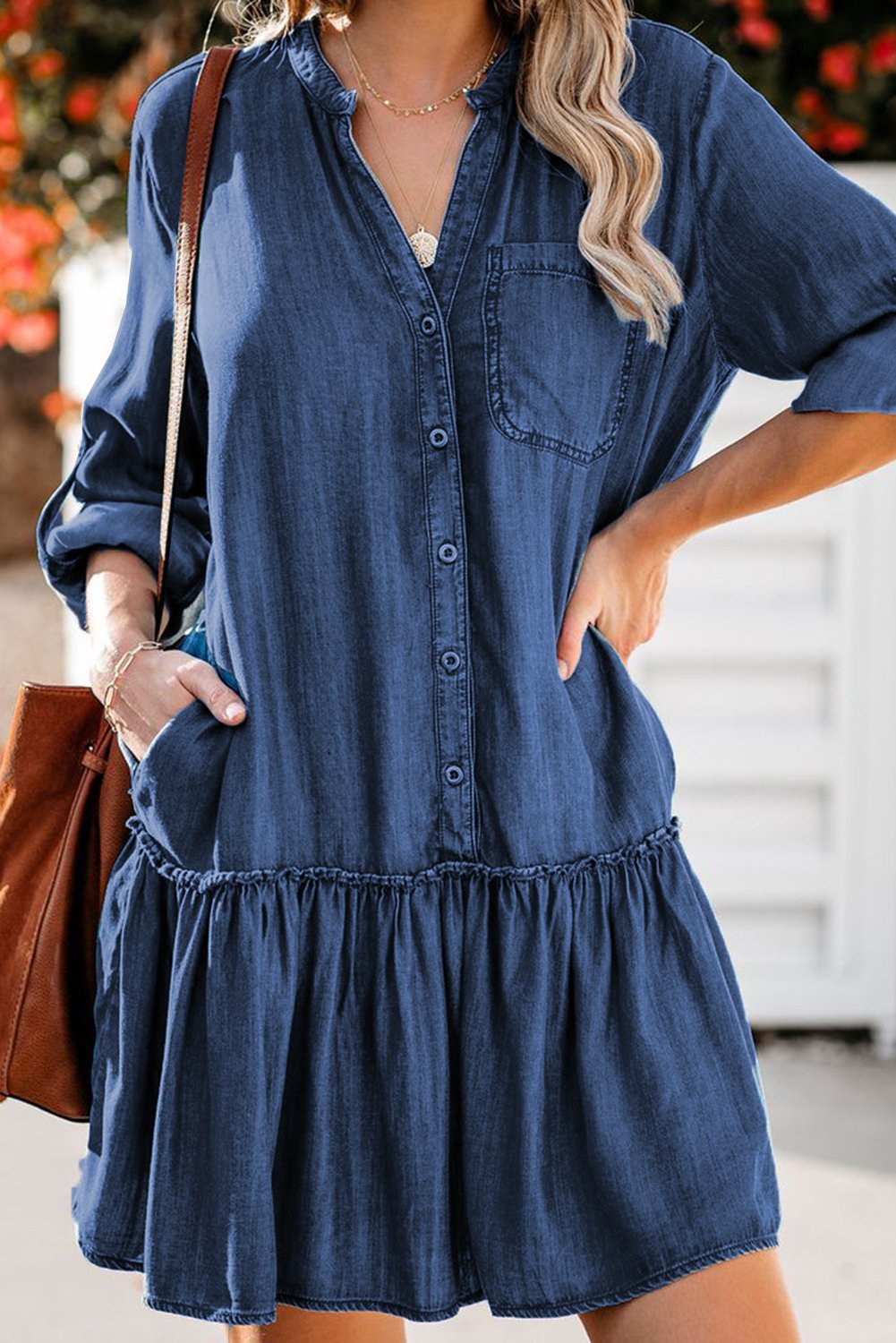 Saddle & Bloom Ruffled Denim Shirt Dress