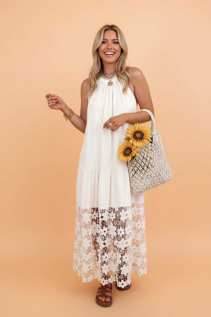 Prairie Lace Halter Maxi Dress