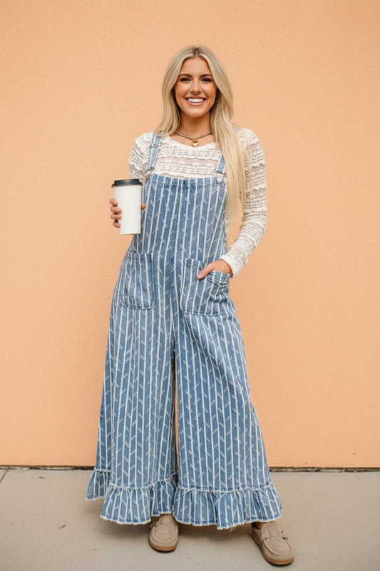Prairie Stripe Ruffle Overalls