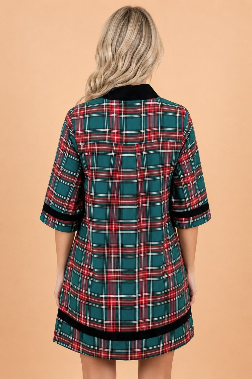 Evergreen Plaid Velvet Trim Mini Dress