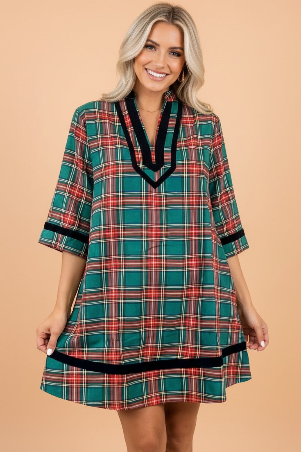 Evergreen Plaid Velvet Trim Mini Dress
