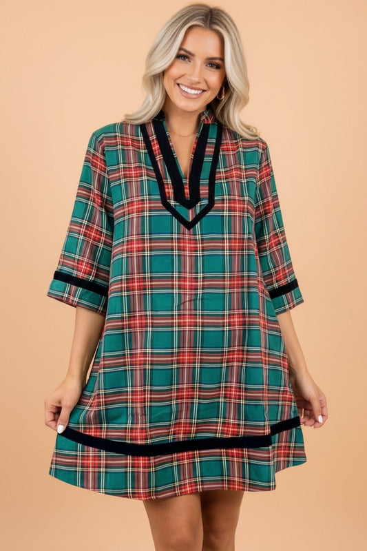 Evergreen Plaid Velvet Trim Mini Dress