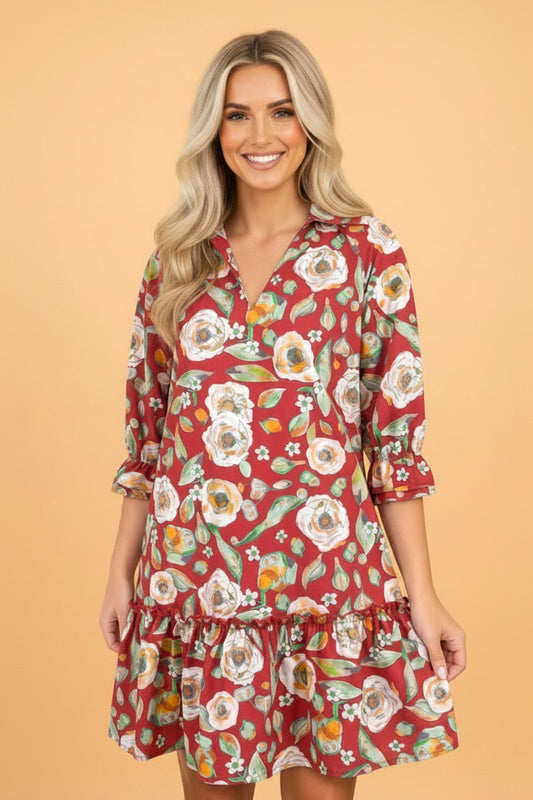 Rust & Roses Floral Mini Dress
