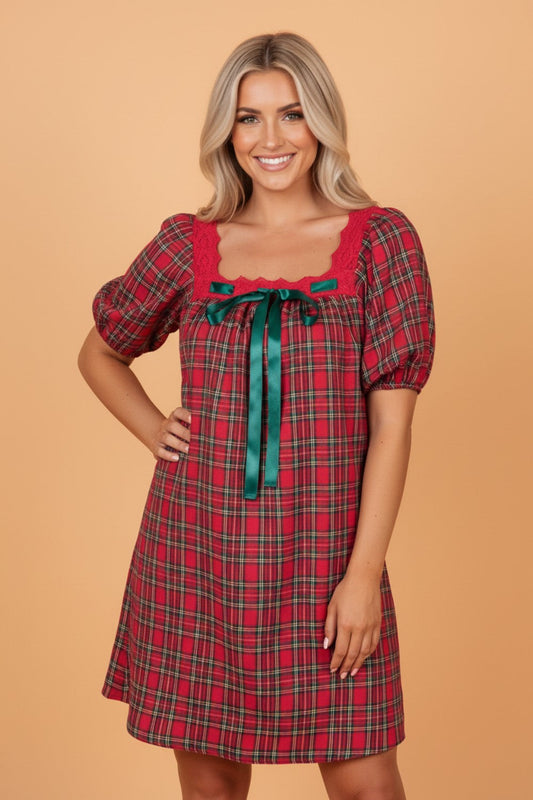 Southern Charm Plaid Lace Mini Dress