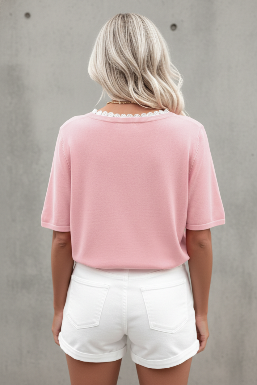 Blush & Lace V-Neck Knit Top