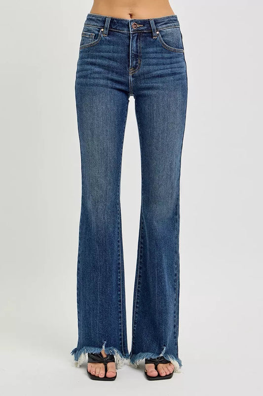 Risen Mid Rise Flare Jeans – Frayed Hem