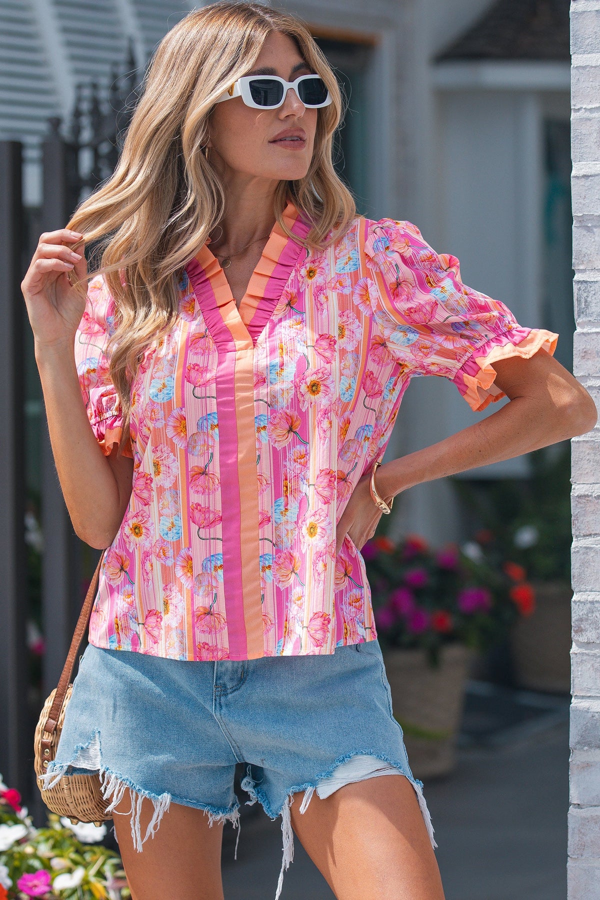 Pink Poppy Stripe V-Neck Blouse