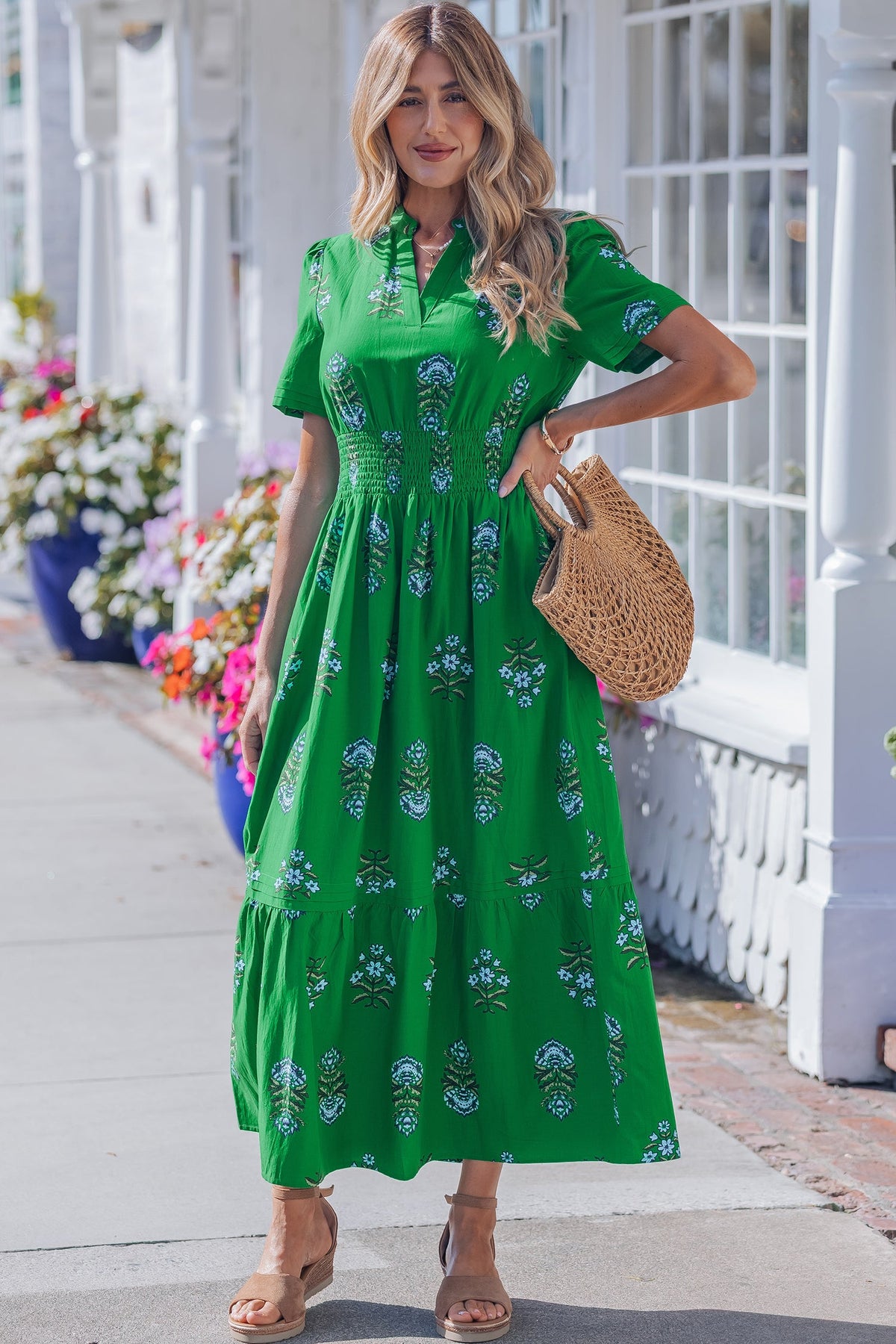 Emerald Wildflower Smocked Maxi Dress