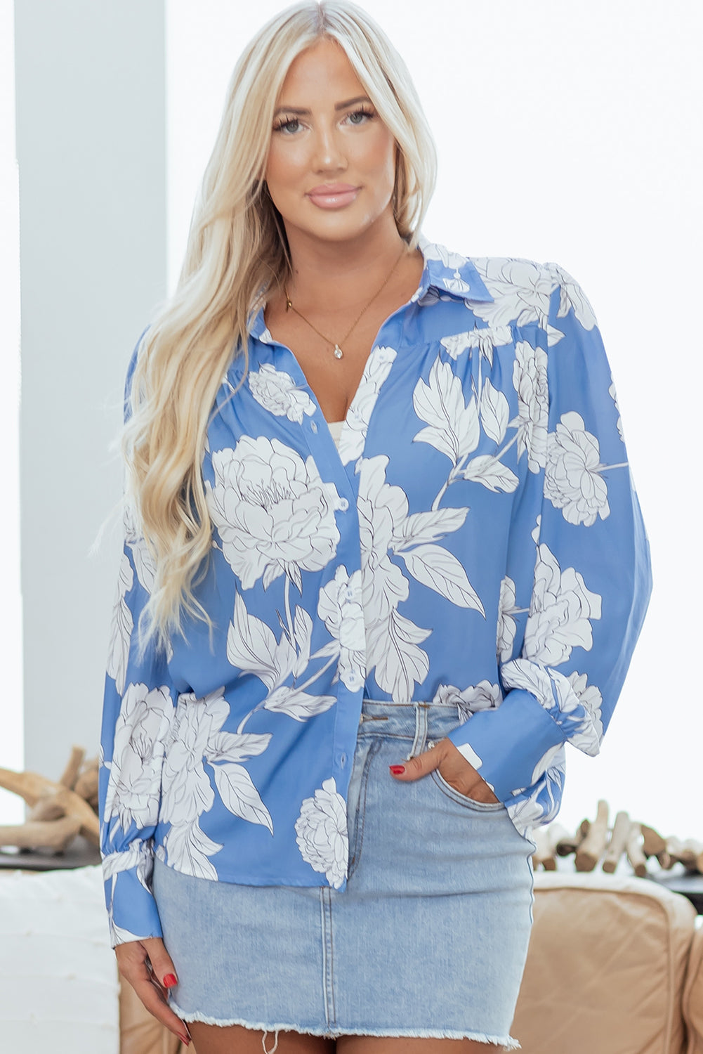 Blue Belle Floral Button-Up Blouse