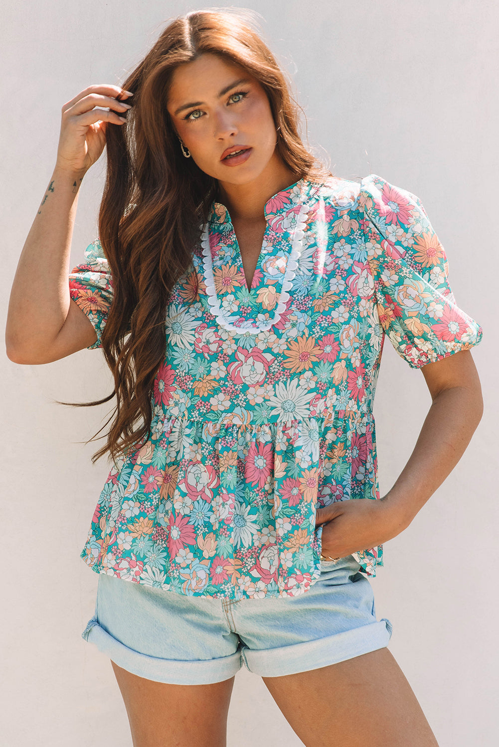 Wildflower Peplum Puff Sleeve Blouse