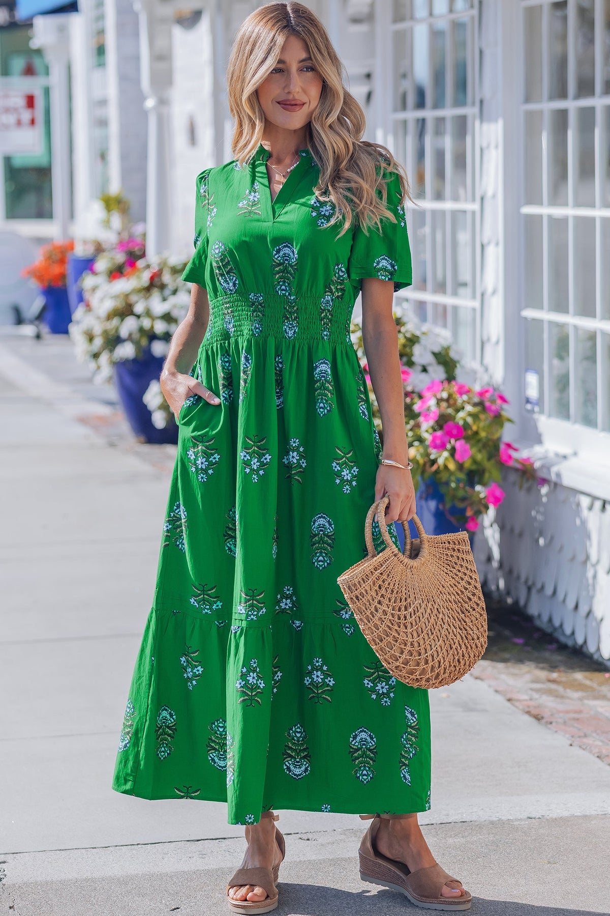 Emerald Wildflower Smocked Maxi Dress