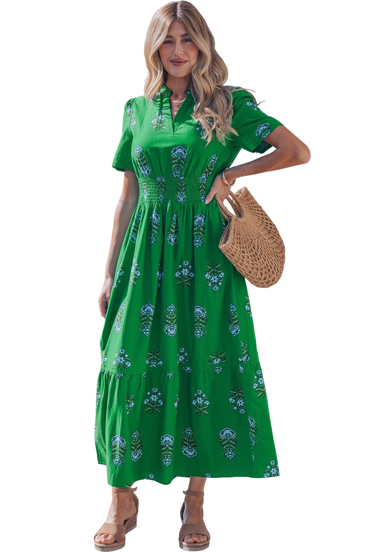Emerald Wildflower Smocked Maxi Dress