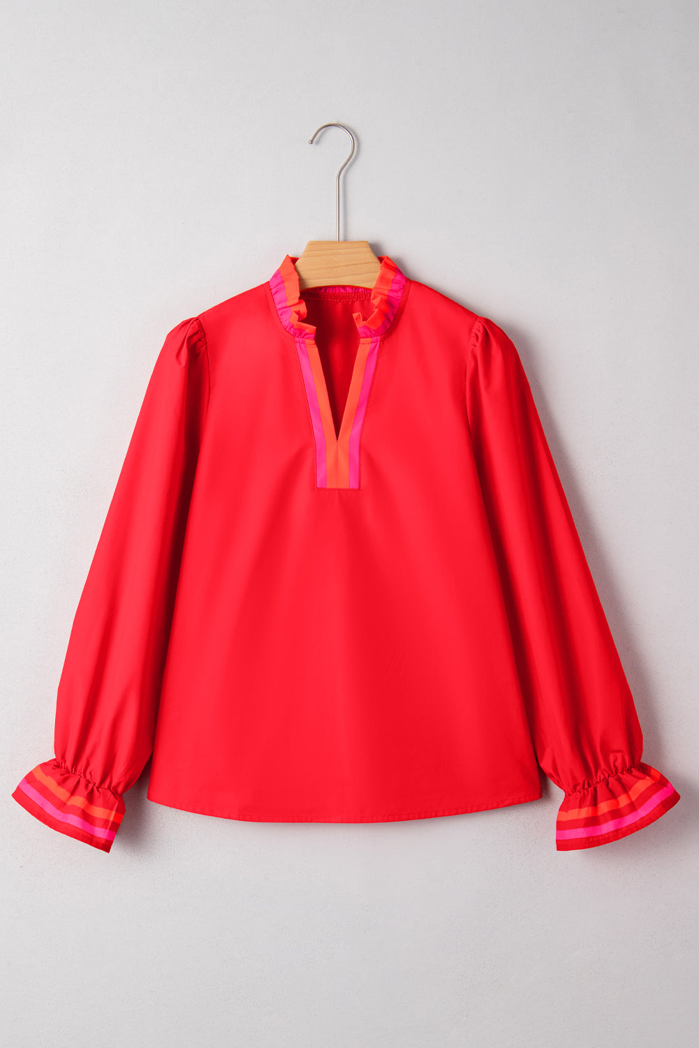 Ruffle & Stripe Split-Neck Blouse