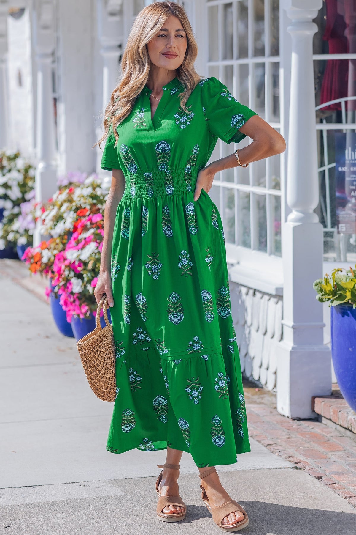 Emerald Wildflower Smocked Maxi Dress