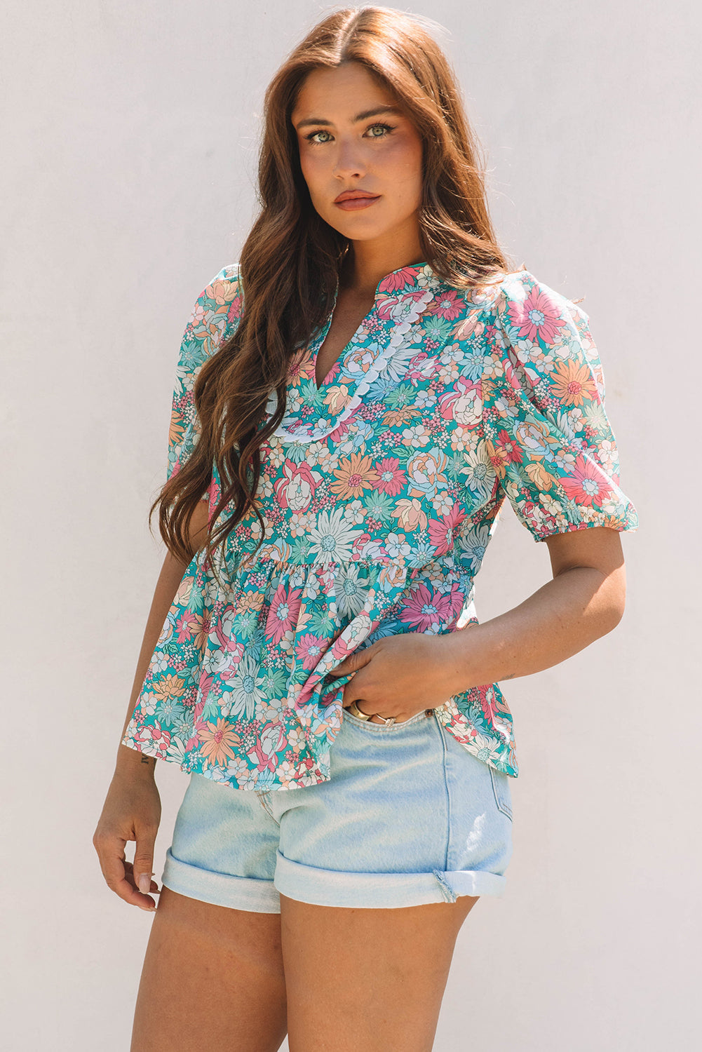 Wildflower Peplum Puff Sleeve Blouse