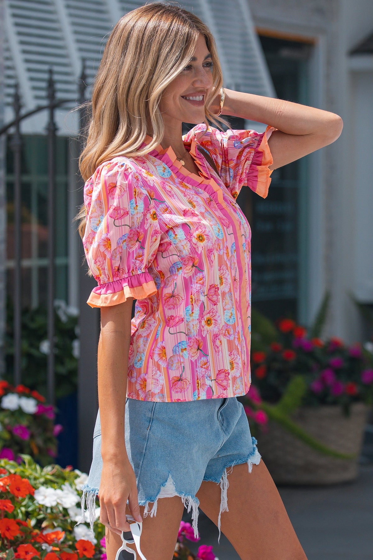 Pink Poppy Stripe V-Neck Blouse