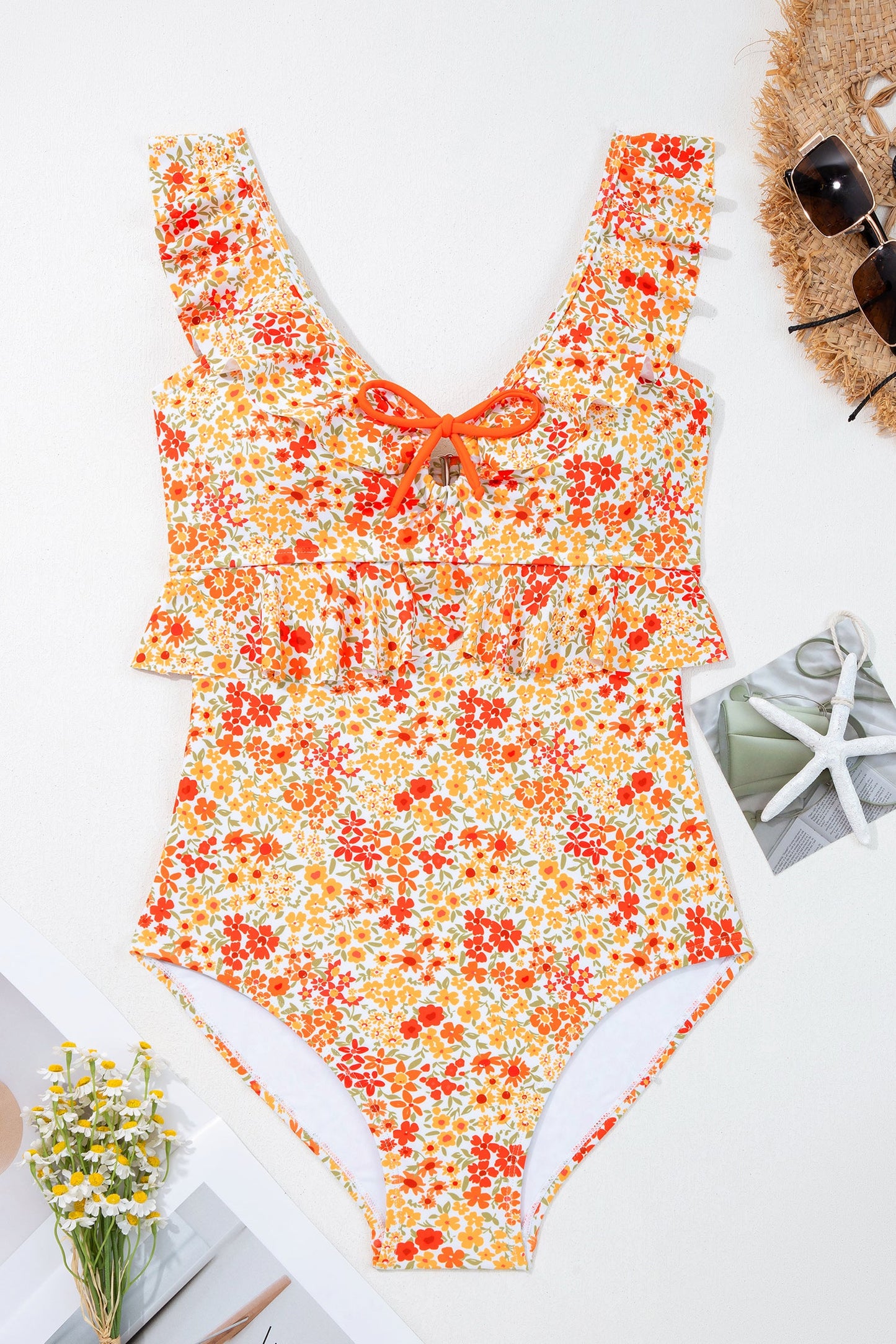 Golden Bloom Ruffle One-Piece Swimsuit