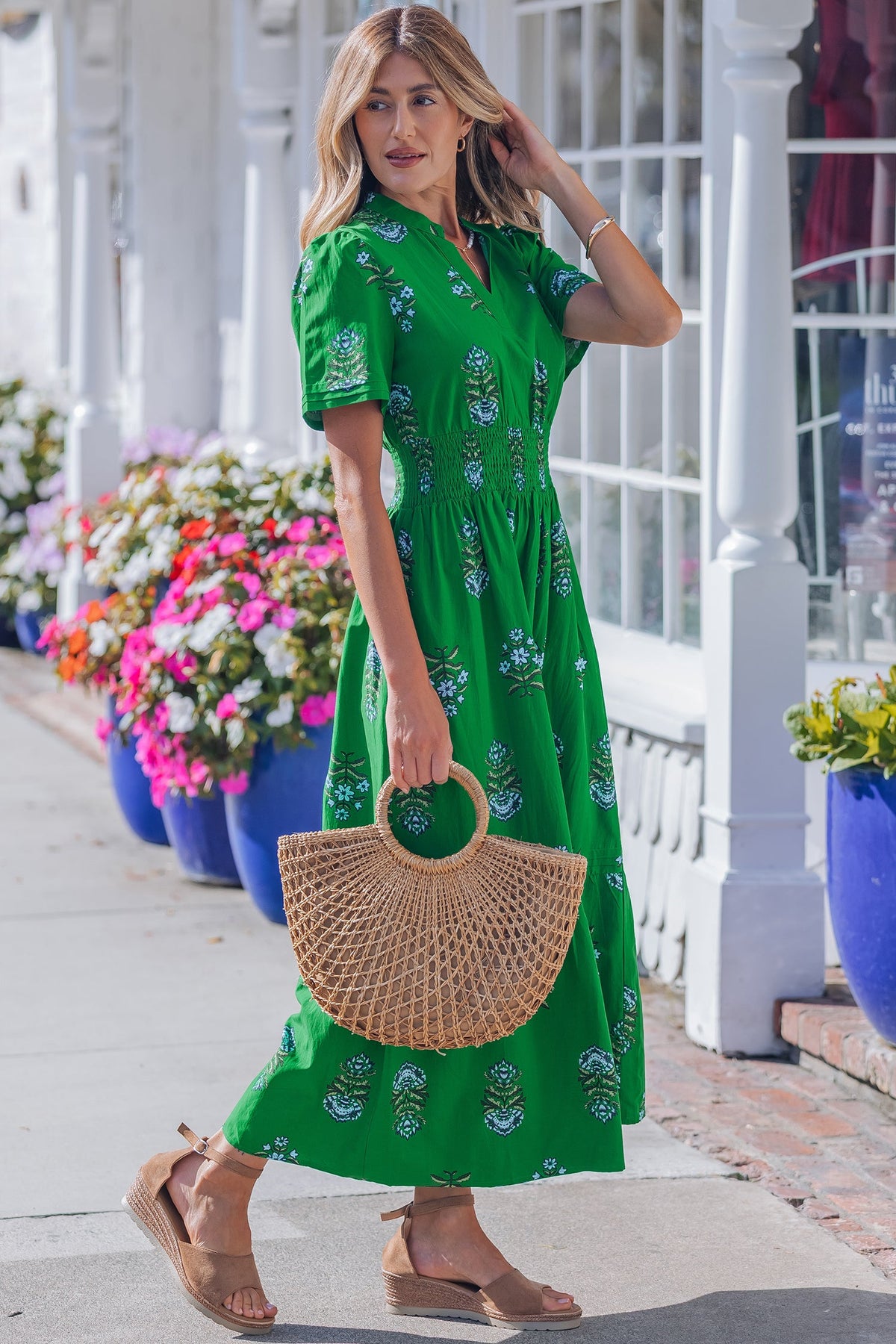 Emerald Wildflower Smocked Maxi Dress