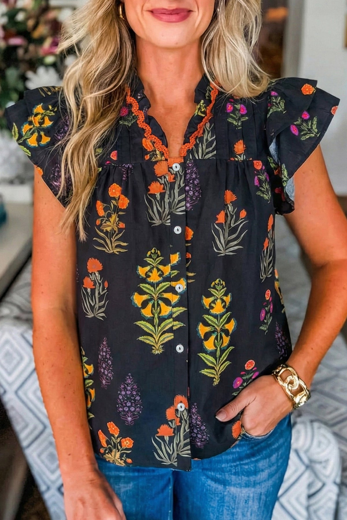 Wildflower Nights Lace-Trim Blouse