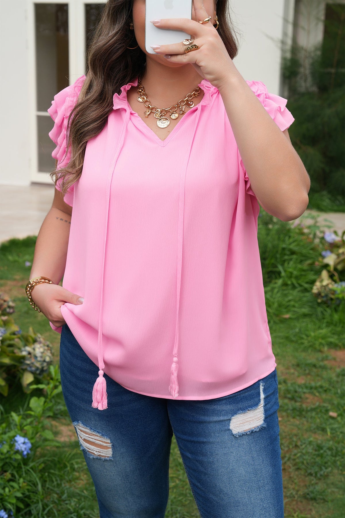 Pink Prairie Ruffle Tassel Blouse