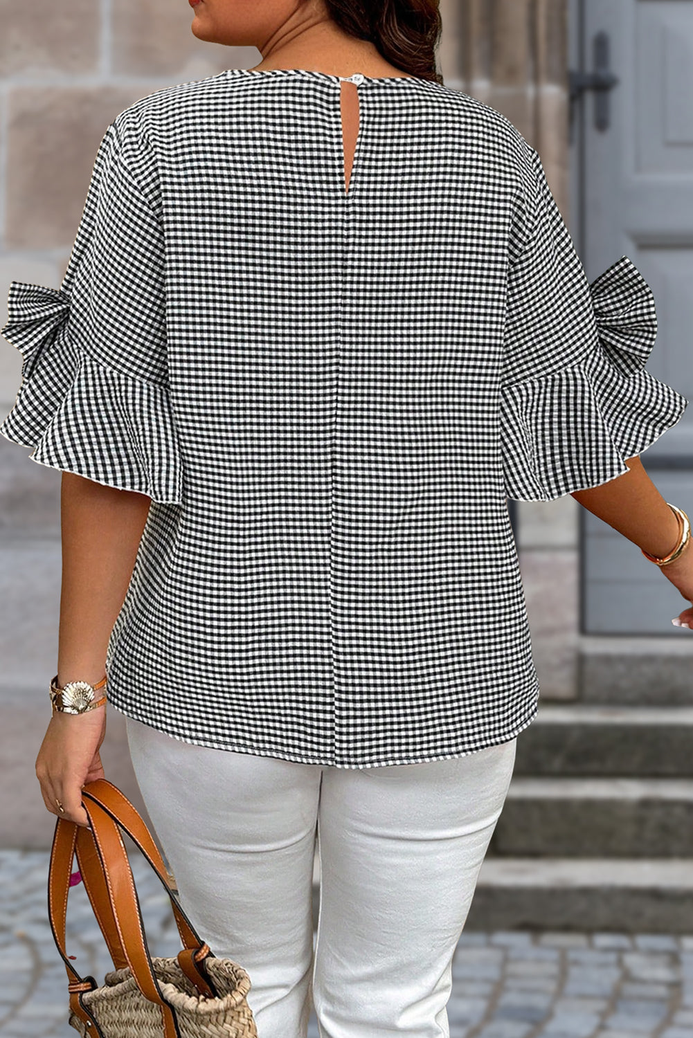 Black Gingham Bow Sleeve Top (Curves)