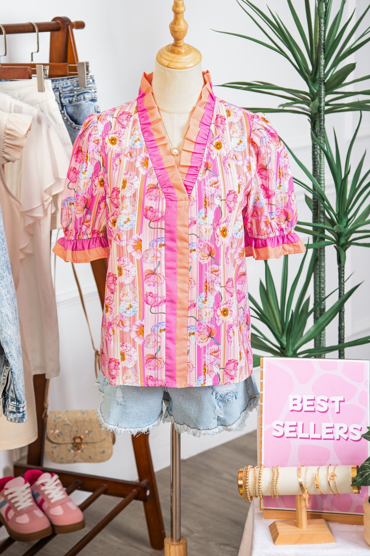 Pink Poppy Stripe V-Neck Blouse