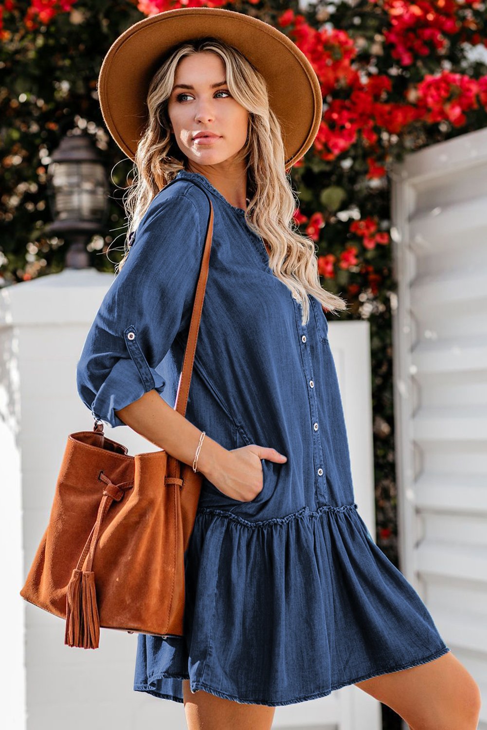 Saddle & Bloom Ruffled Denim Shirt Dress