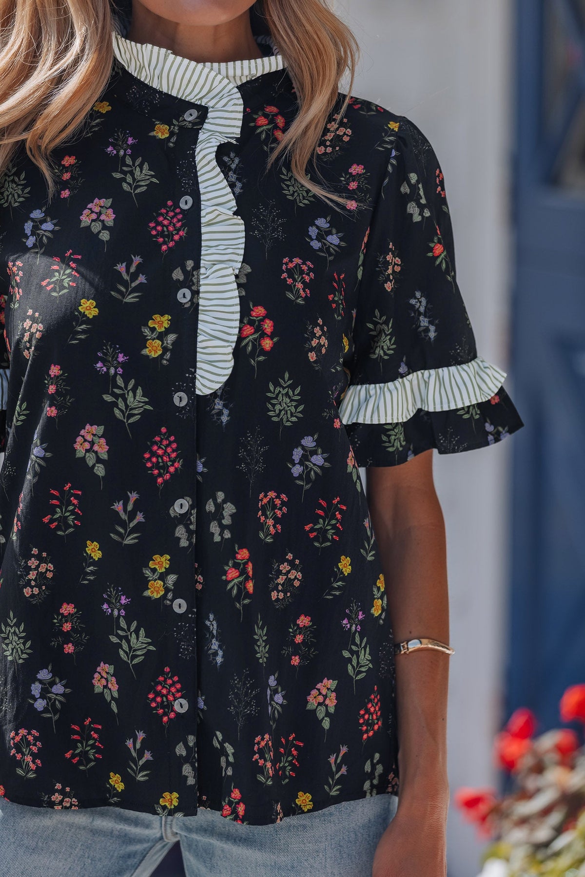 Midnight Meadow Contrast-Trim Blouse