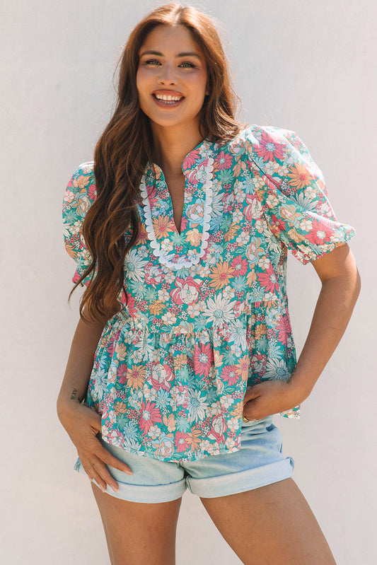 Wildflower Peplum Puff Sleeve Blouse