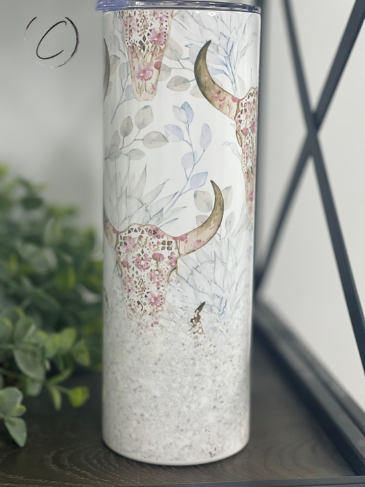Boho Floral Bull Skull Skinny Tumbler | 20oz Neutral Western Cup