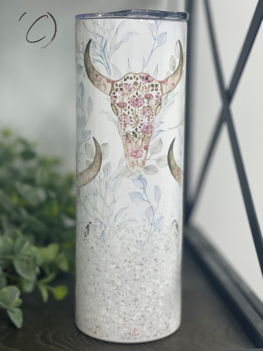 Boho Floral Bull Skull Skinny Tumbler | 20oz Neutral Western Cup