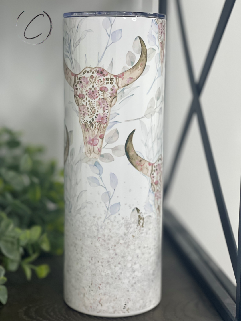 Boho Floral Bull Skull Skinny Tumbler | 20oz Neutral Western Cup