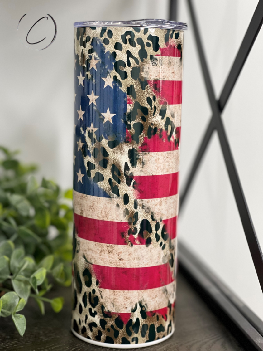 Leopard American Flag Skinny Tumbler | 20oz Patriotic Cup
