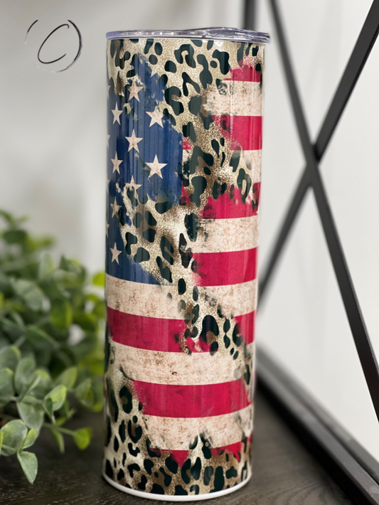 Leopard American Flag Skinny Tumbler | 20oz Patriotic Cup