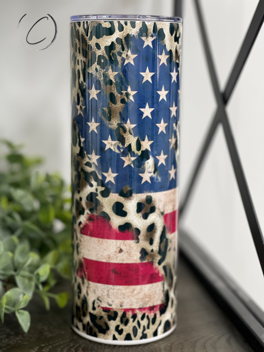 Leopard American Flag Skinny Tumbler | 20oz Patriotic Cup