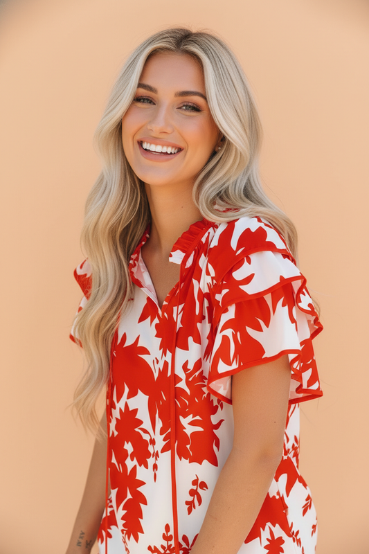 Scarlet Bloom Ruffle Sleeve Blouse