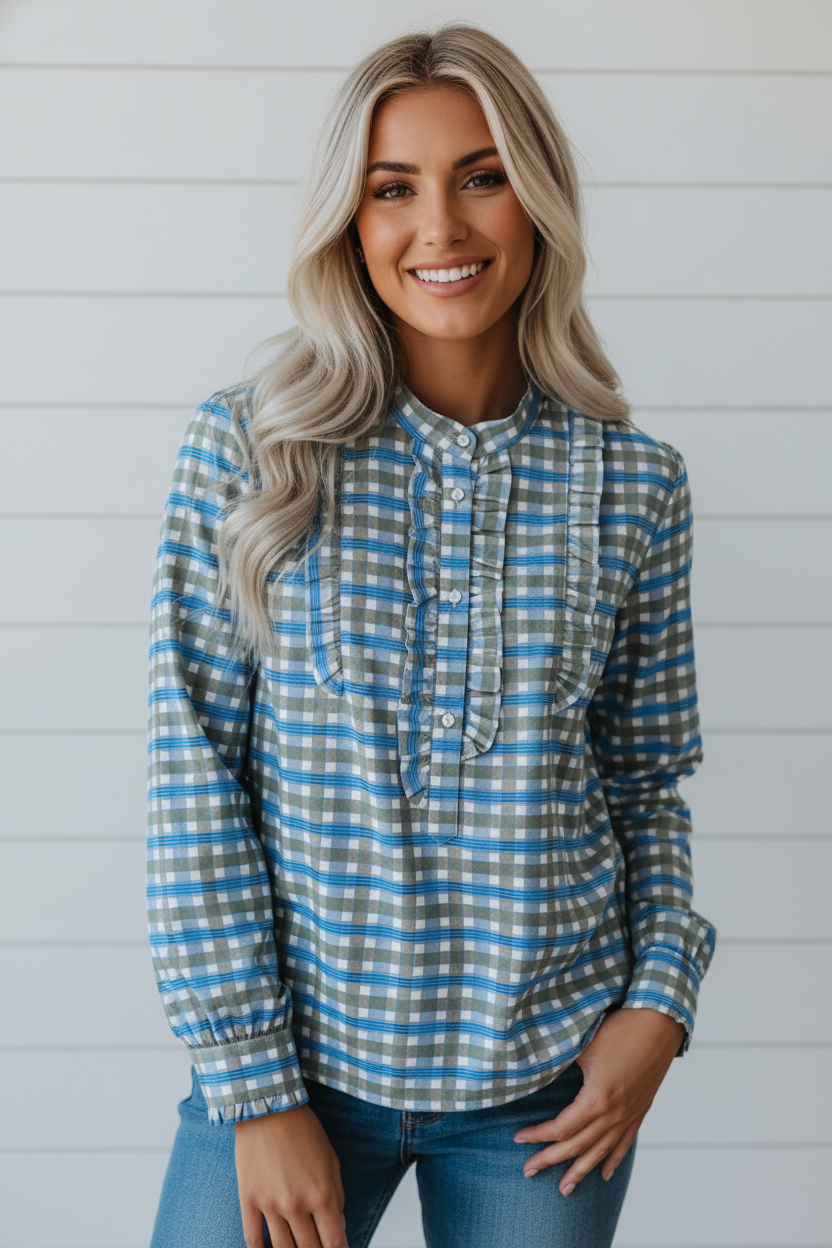 Blue Ridge Gingham Ruffle Blouse