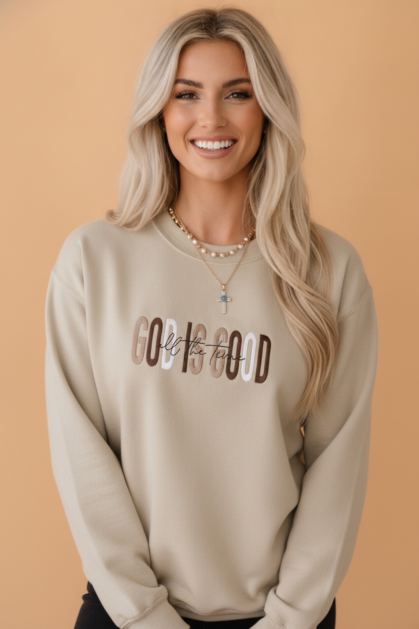 God Is Good Embroidered Crewneck Sweatshirt