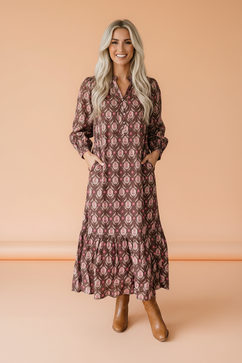 Prairie Bloom Button-Front Midi Dress