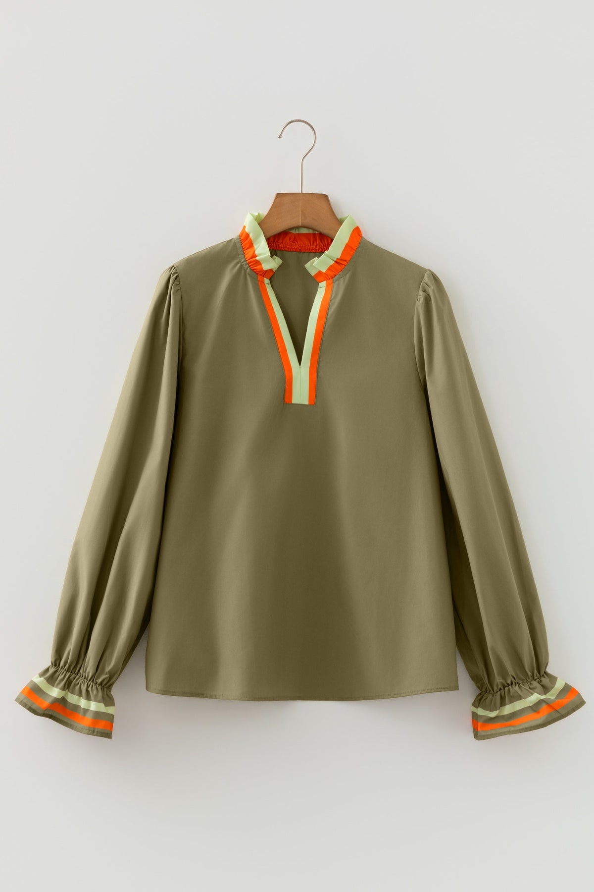 Ruffle & Stripe Split-Neck Blouse