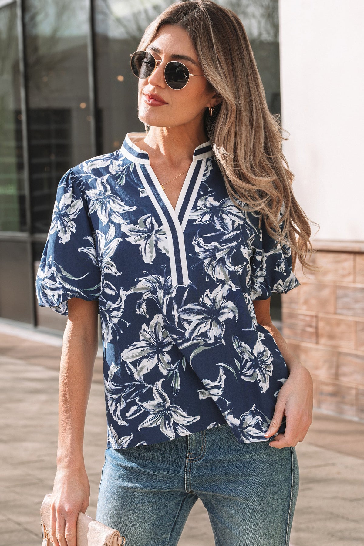 Bluebonnet Stripe-Trim Blouse