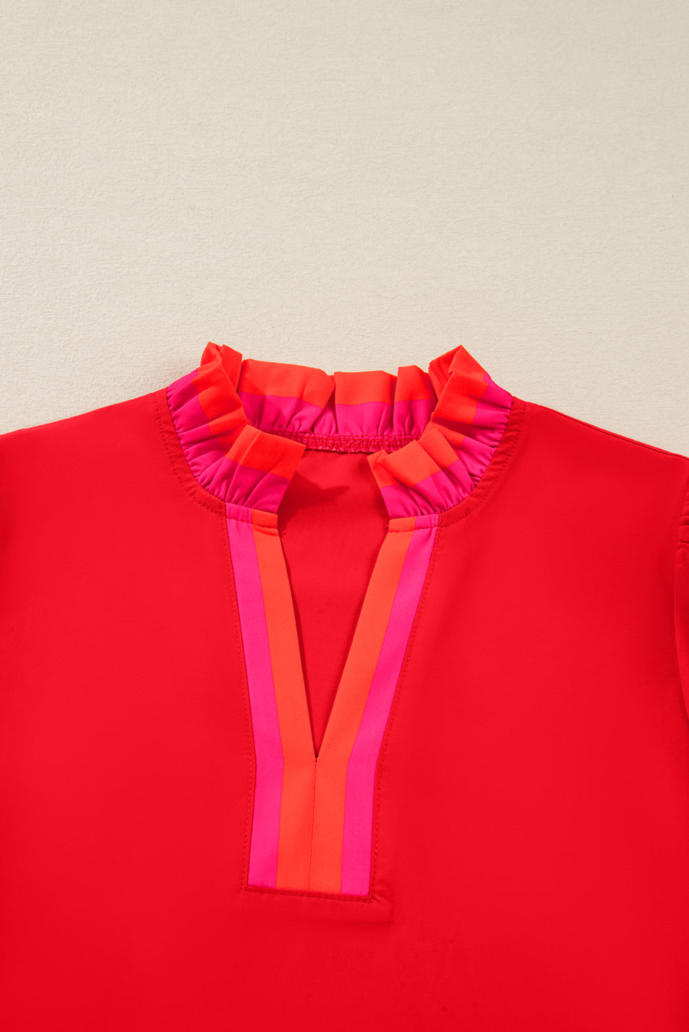 Ruffle & Stripe Split-Neck Blouse